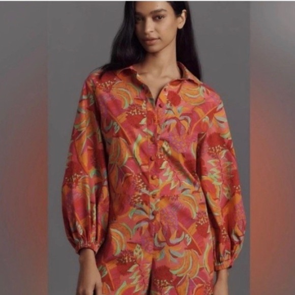 Anthropologie Farm Rio Bright Pink Tropical Button-Up Romper